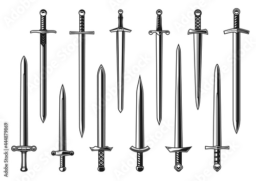 European knight straight swords vector design with weapon of medieval army warrior. Isolated dagger, knife or broadsword with double edged blades, hilts, guards and pommels, tattoo and heraldry design