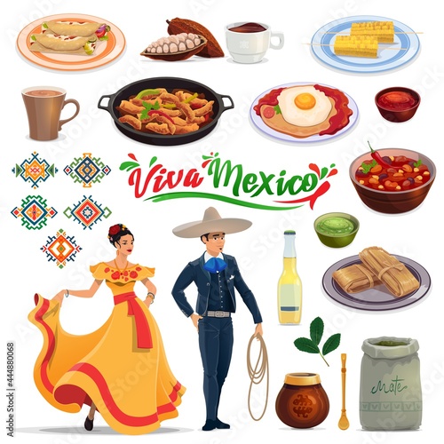 Mexican meals and drinks, people in carnival costumes. Vector enchilada, cacao beans and chocolate, fajitas, huevos rancheros and tamale, lemonade, mate and woman in tabasco dress, man in charro suit photo