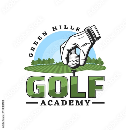 Golf sport academy icon, golfer club championship of league team vector emblem. Golf club tournament cup, sport recreation activity and training course symbol, with golf ball on pin