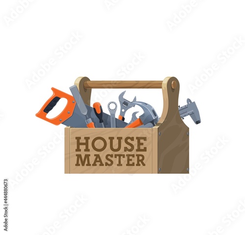Wooden toolbox, vector house repair tools icon. Maintenance tool kit, construction hardware and carpentry equipment in wood box, hammer, wrench or spanner, screwdriver, saw and caliper
