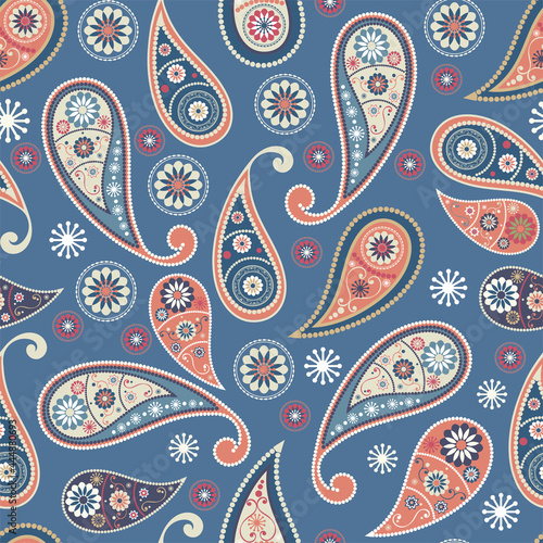 Seamless abstract pattern in paisley style. On a blue background - a colored ornament of cucumbers. Printing on textiles and paper. Vector illustration.