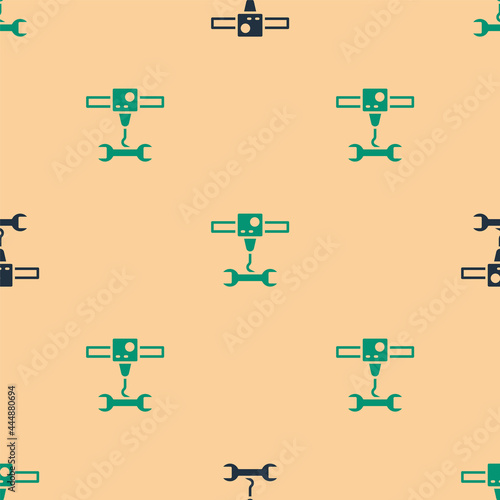 Green and black 3D printer wrench spanner icon isolated seamless pattern on beige background. 3d printing. Vector