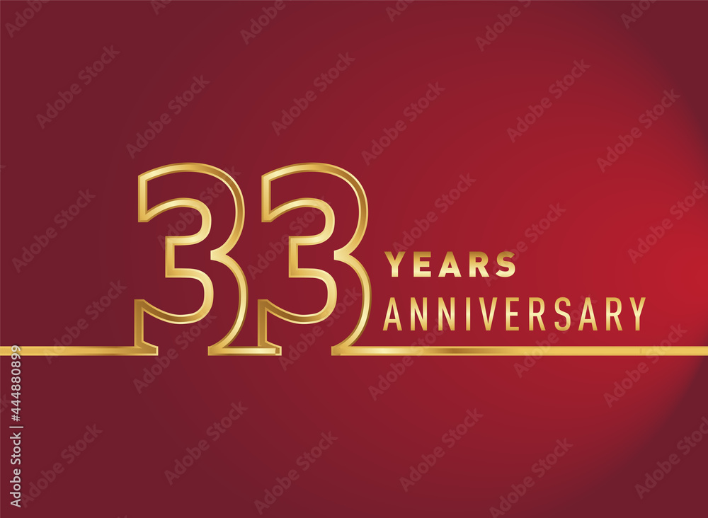 33rd years anniversary logotype, gold colored isolated with red background, vector design for celebration, invitation card, and greeting card