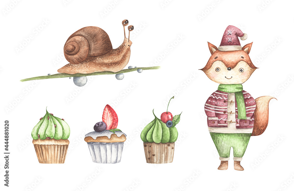 Fototapeta premium Cute fox with cupcakes and snail. Cute character. Watercolor for children's party decoration, cake toppers, postcards.