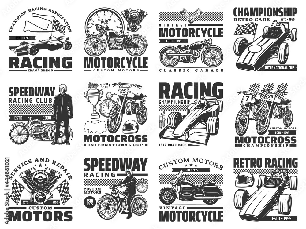 Motor sport racing, vintage motobike service icons set. Motorcycle racer, vintage chopper and motocross bike, formula one retro and modern car, engine pistons, checkered flag and champion cup vector