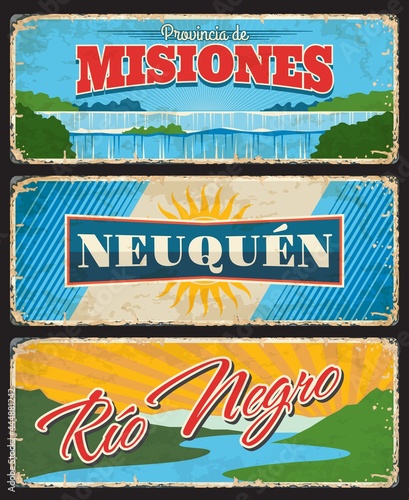 Misiones, Neuquen and Rio Negro, Argentine provinces and regions vector vintage plates. Flag with sun, Iguazu Falls and Nahuel Huapi lake nature landscapes grunge signs and retro stickers design photo