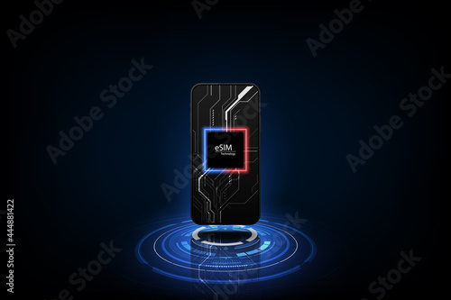 eSIM card chip sign. Embedded SIM concept. New mobile communication technology and  processor background circuit board vector illustration