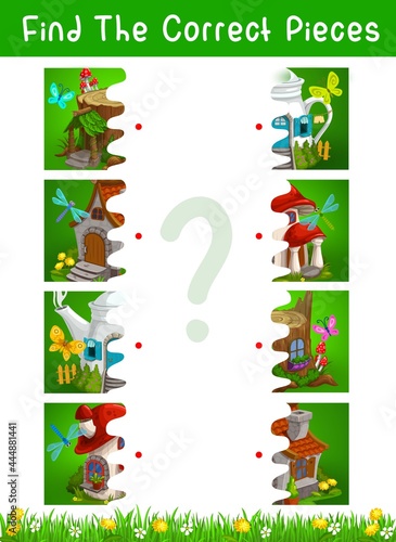 Half pieces kids game with fairytale houses and dwellings vector template. Connect pictures education game, puzzle, riddle or attention test, logic maze with boot, tree stump, teapot, mushroom houses