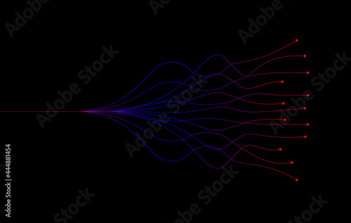 AI Artificial intelligence wave lines neural network purple blue and green light isolated on black background. Vector in concept of technology.