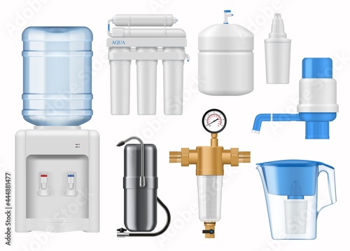 House water filtering equipment mockup. Realistic vector bottled water dispenser or cooler, reverse osmosis, pitcher and home countertop water filter cartridges, hand pump, backwash sediment filter