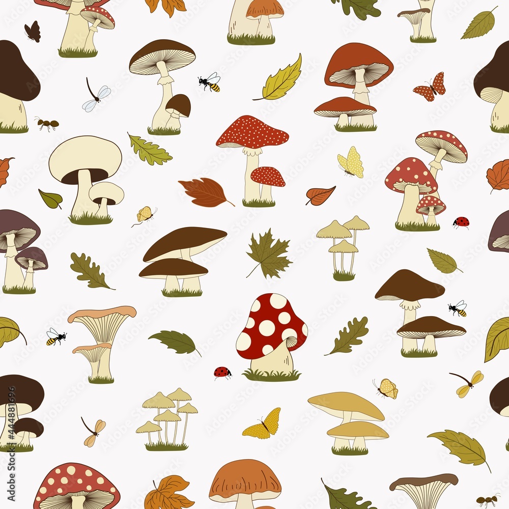 Seamless pattern with cartoon mushrooms with leaves and insects Seamless pattern with cartoon mushrooms with leaves and insects