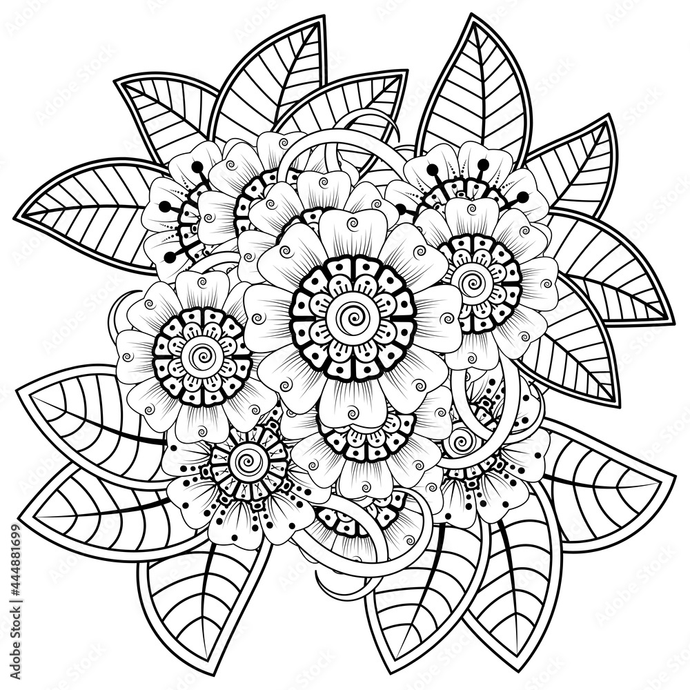 Mehndi flower for henna, mehndi, tattoo, decoration. decorative ornament in ethnic oriental style. doodle ornament. coloring book page. Mehndi flower for henna, mehndi, tattoo, decoration. decorative ornament in ethnic oriental style. doodle ornament. coloring book page.