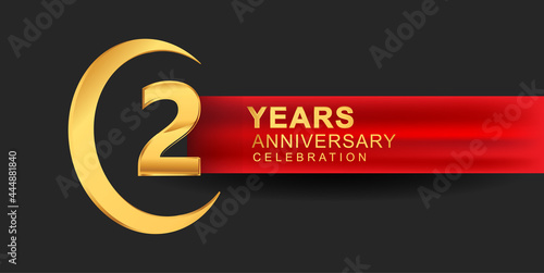 2nd anniversary design logotype golden color with ring and red ribbon for anniversary celebration