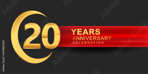 20th anniversary design logotype golden color with ring and red ribbon for anniversary celebration