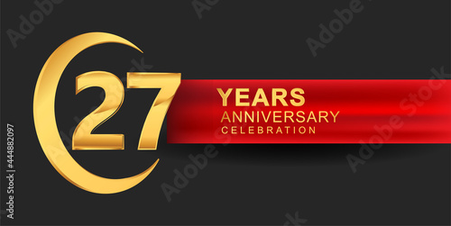 27th anniversary design logotype golden color with ring and red ribbon for anniversary celebration photo