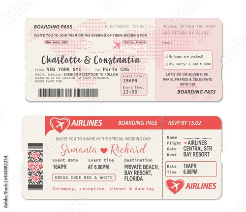 Boarding pass ticket. Wedding invitation template with airplane drawing heart on world map during flight. Wedding ceremony invitation layout as airline travel ticket with RSVP perforated section