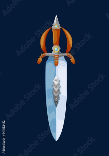 Magical cartoon dwarf broadsword blade. Vector fairytale short sword, fantasy knife of magic weapon with wooden handle and guard decorated gemstones. Game cold weapon, double edged sword icon