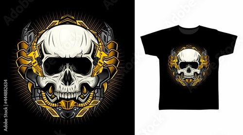 Mechanical Skull with Gold Armor illustration t-shirt design concept.