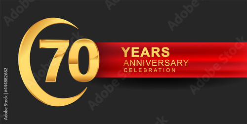 70th anniversary design logotype golden color with ring and red ribbon for anniversary celebration
