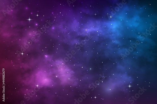 Starry universe, space galaxy nebula, stars and stardust. Vector cosmic background with blue and purple realistic nebulosity and shining stars. Colorful cosmos infinite, night sky wallpaper backdrop photo