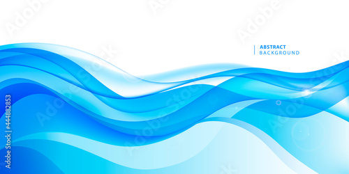 Vector wavy abstract geometric background, blue flow hoizontal banner. Trendy gradient shapes composition. Water stream, ocean concept.