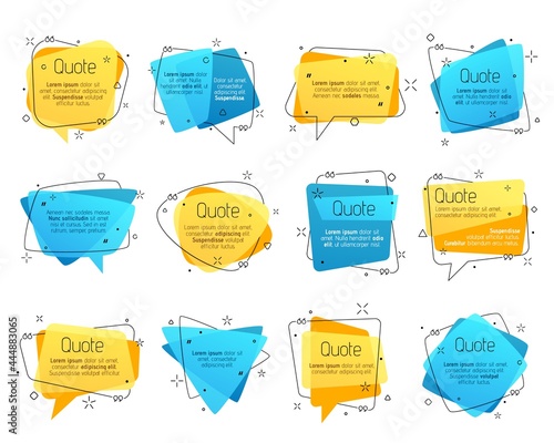 Quote frames, vector speech bubble comment boxes for texting and messages. Colored blank templates for text info. Quotation symbols with inverted commas, isolated elements set on white background
