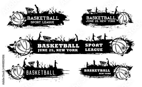 Basketball sport grunge banners with players, ball and basket black vector silhouettes. Basketball court equipment and team players with brush strokes, paint splashes and halftone pattern