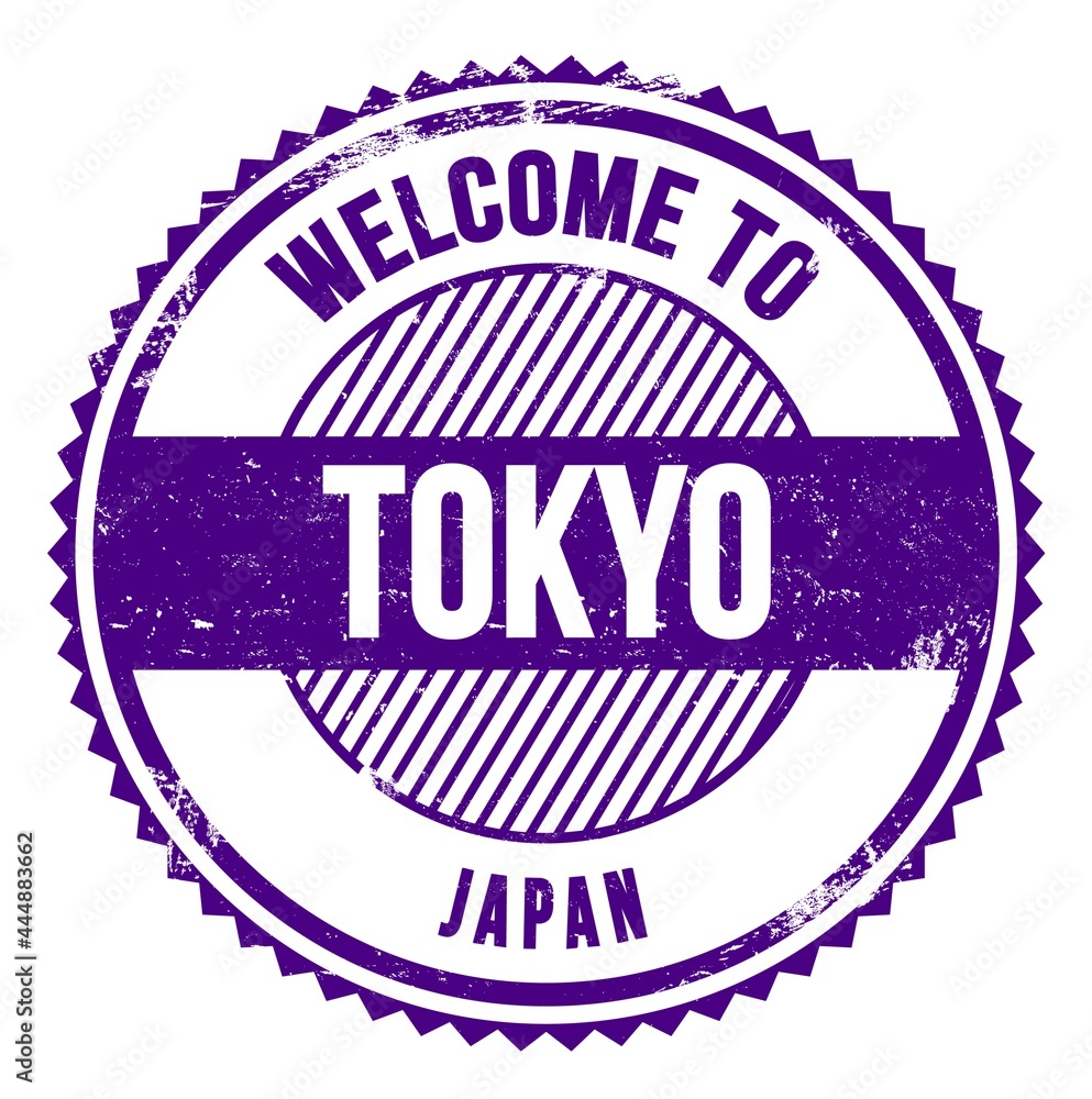 WELCOME TO TOKYO - JAPAN, words written on violet stamp