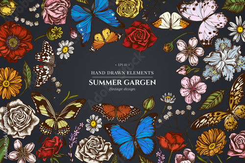Floral design on dark background with shepherd s purse, heather, iris japonica, sakura, gypsophila, chamomile, almond, poppy flower, calendula, menelaus blue morpho, blue morpho, lemon butterfly, red