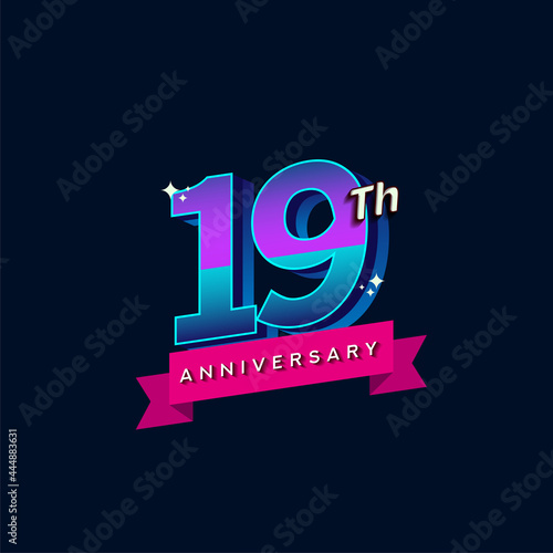 19th anniversary celebration logotype colorful design. Simple and retro anniversary logotype design.