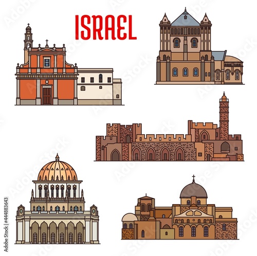 Israel landmarks architecture, travel sightseeing of Jaffa and Haifa, vector. Israeli Jewish and Islamic landmarks Holy Sepulchre Church, Bahai temple or Bab shrine and St Peter cathedral in Tel Aviv