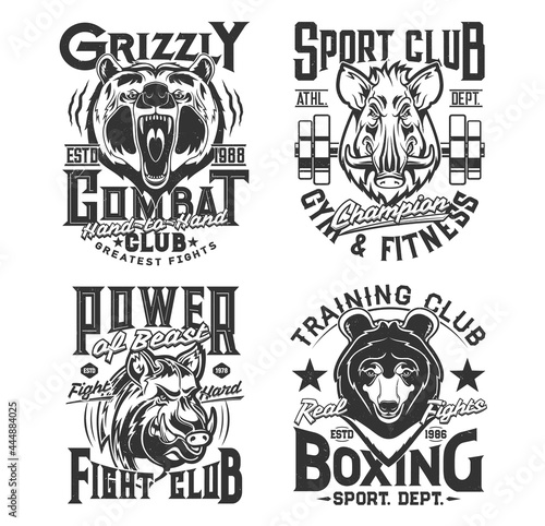 Sport t shirt prints, animals, gym, boxing club and street fighting vector emblems. Fitness strong power quotes, wild animals mascot badges of grizzly bear and boar with iron barbell for t-shirt print