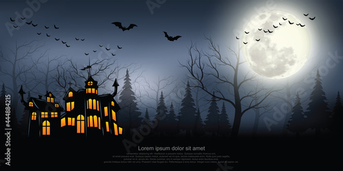 Castle, haunted house and ghost hands, tomb on full moon night. illustrator Vector Eps 10.