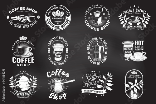Set of Coffe shop logo, badge template on the chalkboard. Vector. Typography design with coffee grinder and coffee maker silhouette. Template for menu for restaurant, cafe, bar, packaging