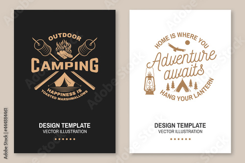 Happy camper. Happiness is toasted marshmallows. Vector Flyer, brochure, banner, poster design with camping tent, campfire, marshmallow on a stick silhouette. Concept for shirt or print, stamp or tee