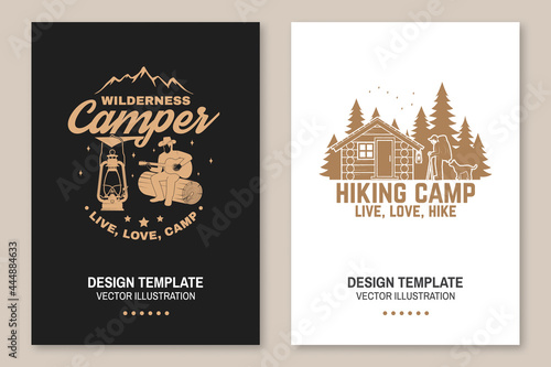 Happy hiker. Live, love, hike. Extreme adventure. Vector Concept for shirt or print, stamp. Flyer, brochure, banner, poster design with hiker, dog, forest cabin and forest silhouette on the night