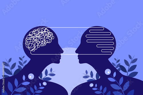 Conceptual illustration of complex thoughts inside one brain is getting simplified in another