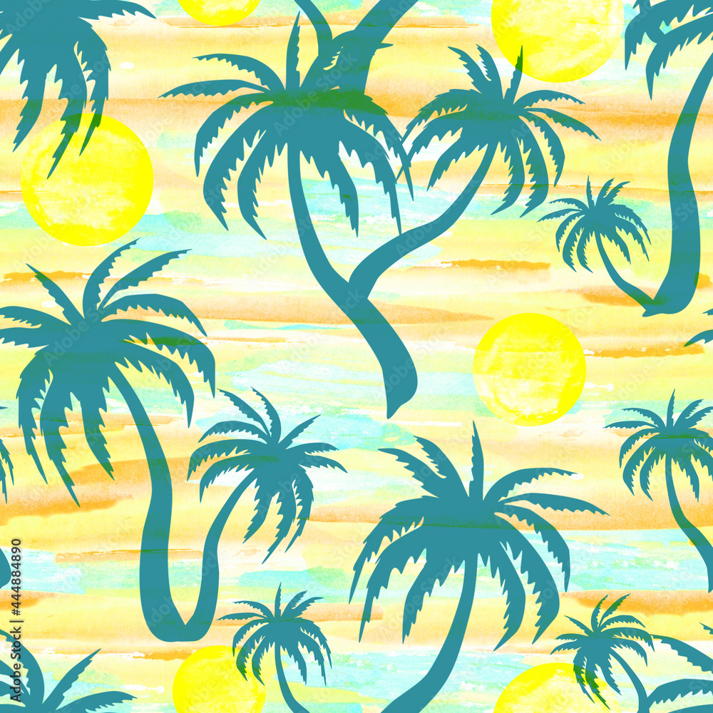 Coconut palms and sun on a sunset background. Tropical seamless pattern. Summer beach print. Watercolor texture. 
