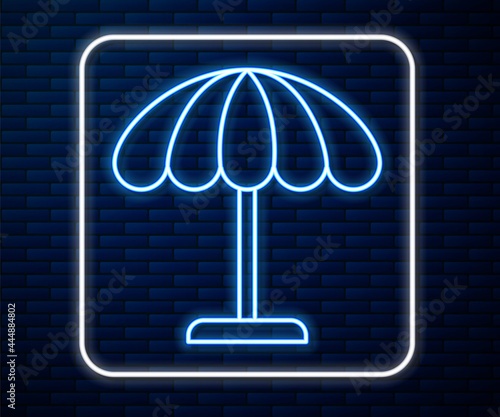 Glowing neon line Sun protective umbrella for beach icon isolated on brick wall background. Large parasol for outdoor space. Beach umbrella. Vector Illustration