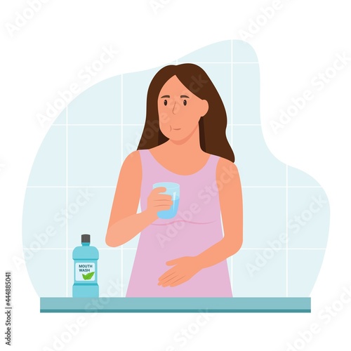 Young woman brushing teeth.  Dental daily life concept. Oral hygiene and health care. Vector illustration