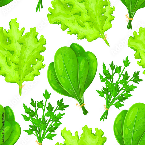 Vector seamless pattern with bundles of greenery. Fresh, healthy lettuce salad, spinach and parsley. Natural vegetarian food grown in the garden.