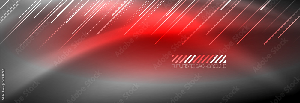 Neon glowing lines, magic energy and light motion background. Vector wallpaper template