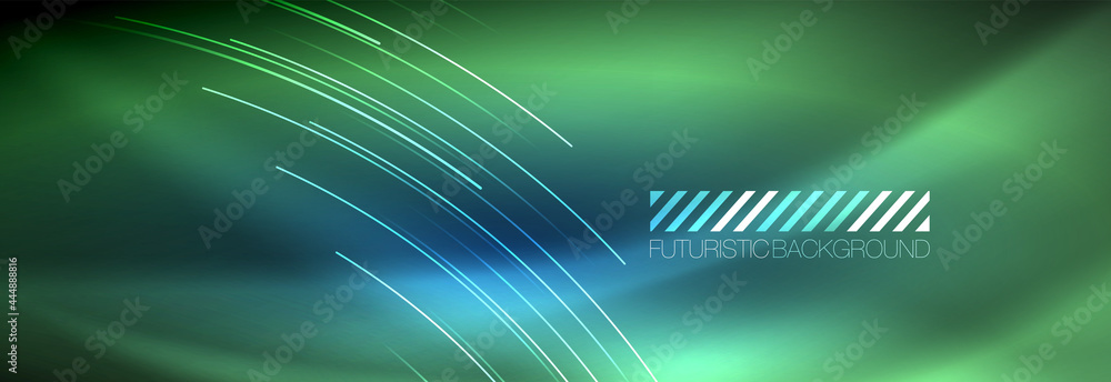 Neon glowing lines, magic energy and light motion background. Vector wallpaper template