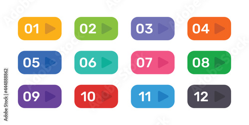 Set of colorful button with number from one to twelve with arrow symbol. Modern vector illustration of bullet point from 1 to 12 for infographic presentation.