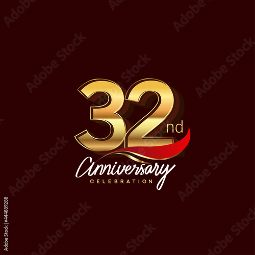 32nd years anniversary celebration logotype. Anniversary logo with red feather and golden color isolated on elegant background, vector design for celebration, invitation card, and greeting card © Brandity