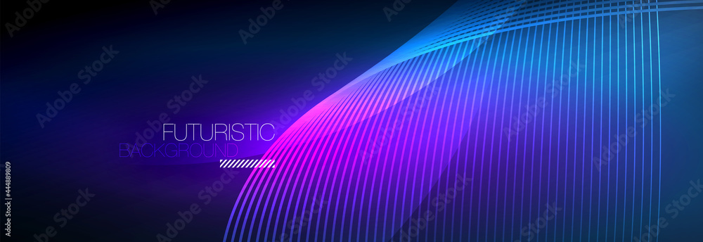 Abstract neon glowing light in the dark with waves. Shiny magic energy and motion concept, vector abstract wallpaper background Abstract neon glowing light in the dark with waves. Shiny magic energy and motion concept, vector abstract wallpaper background