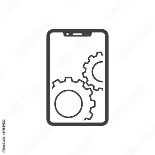 Icono smartphone con engranajes con lineas en color gris