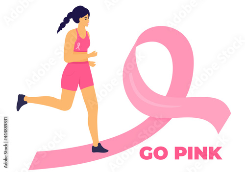 Woman running marathon on a pink ribbon road in support of breast cancer patients. October Awareness Month on Women's Health