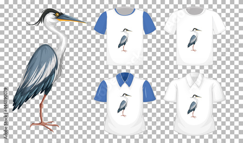 Fototapeta Naklejka Na Ścianę i Meble -  Set of different shirts with great blue heron cartoon character isolated on transparent background