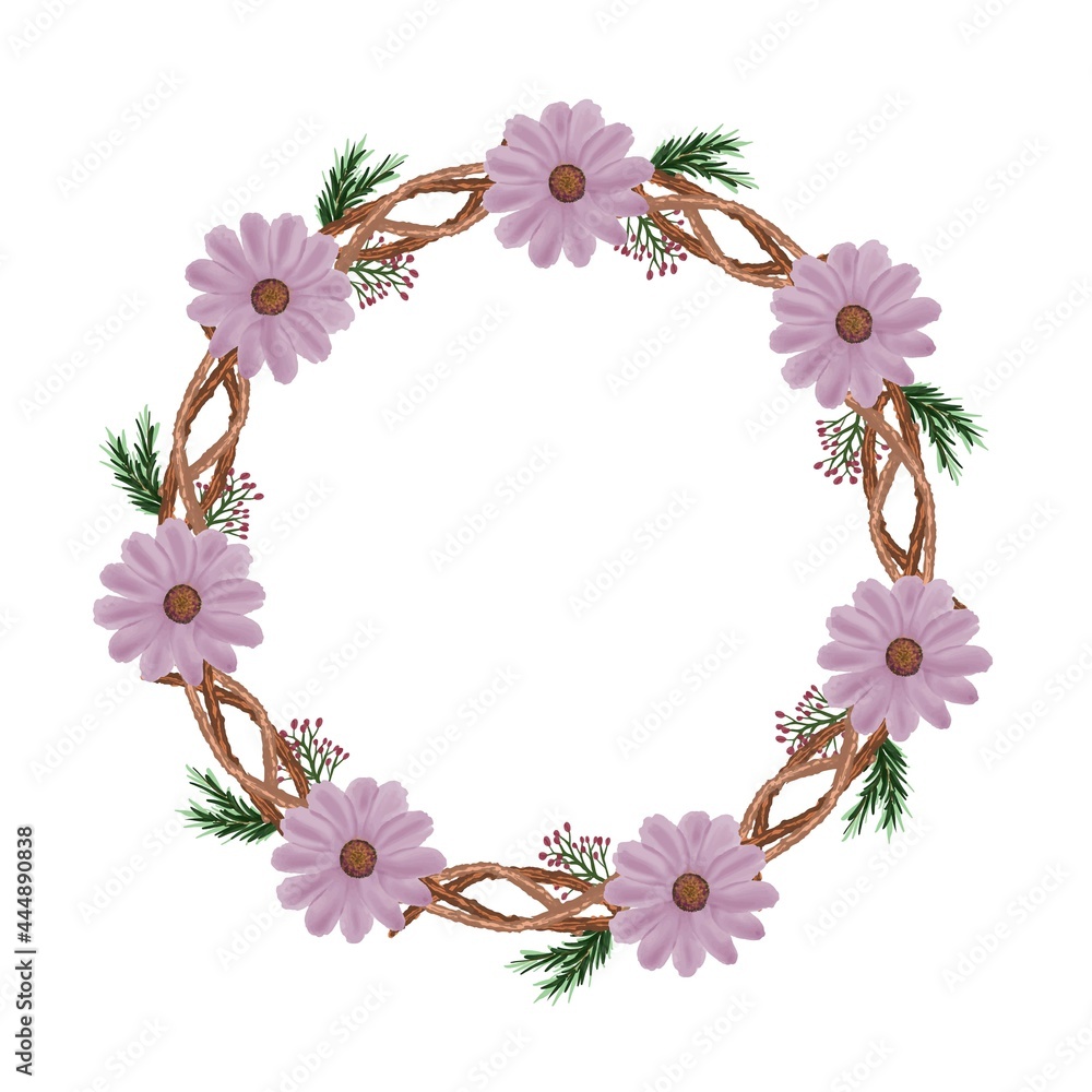 circle frame with pink watercolor flower  and branch border
